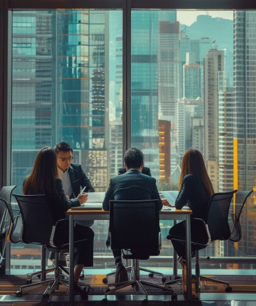 Team meeting with city skyline view